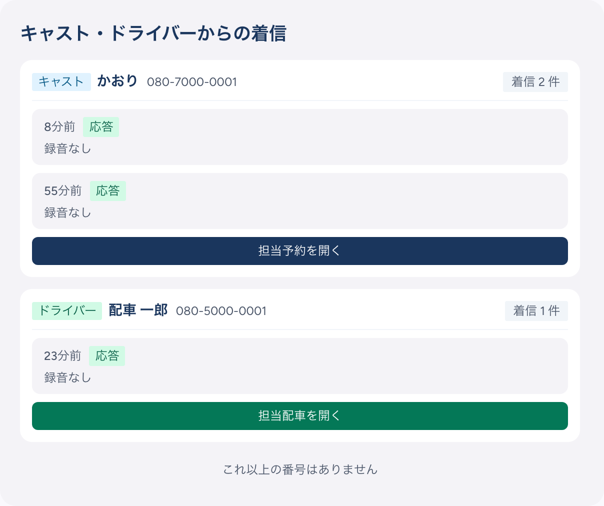 受付画面の「キャスト・ドライバーからの着信」。キャストかおりの着信2件に担当予約を開くボタン、ドライバー配車一郎の着信1件に担当配車を開くボタンが付いている