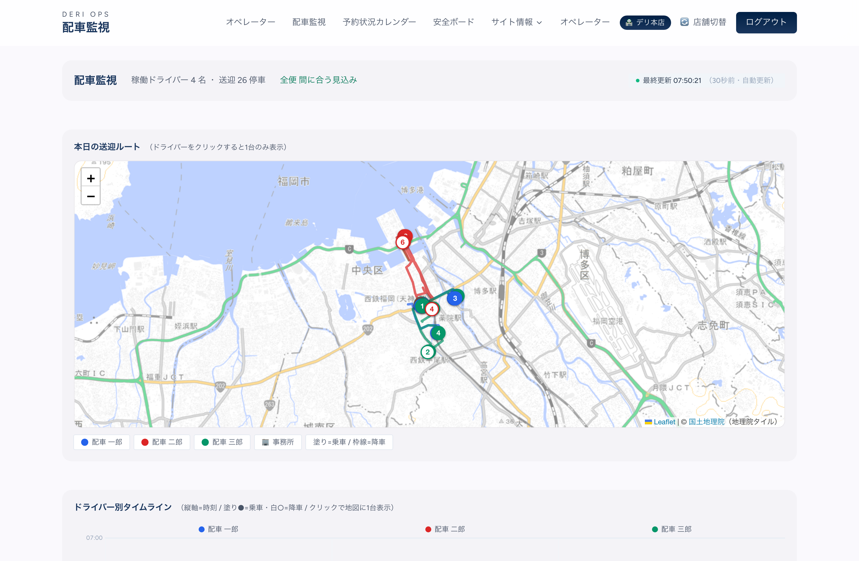 配車監視画面。稼働ドライバー4名・送迎26停車・全便間に合う見込みのサマリーと、3台のドライバーが青・赤・緑で色分けされた本日の送迎ルートの地図