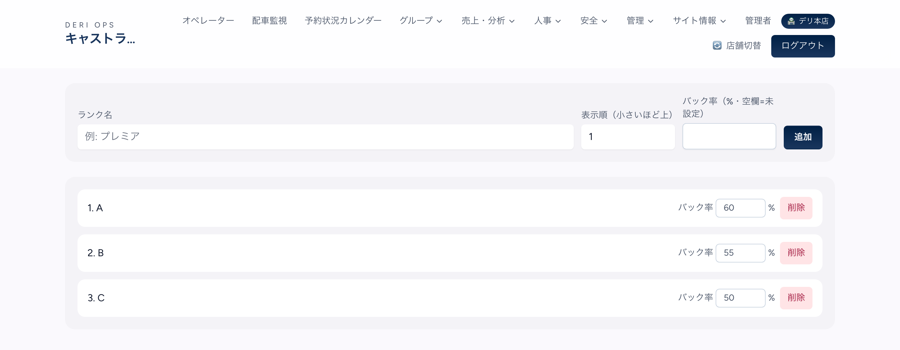 ランク管理画面。上部にランク名・表示順・バック率（%・空欄=未設定）を入れる追加フォーム、その下にランク A（バック率 60%）・B（55%）・C（50%）の3行が並び、各行のバック率は入力欄でそのまま書き換えられる