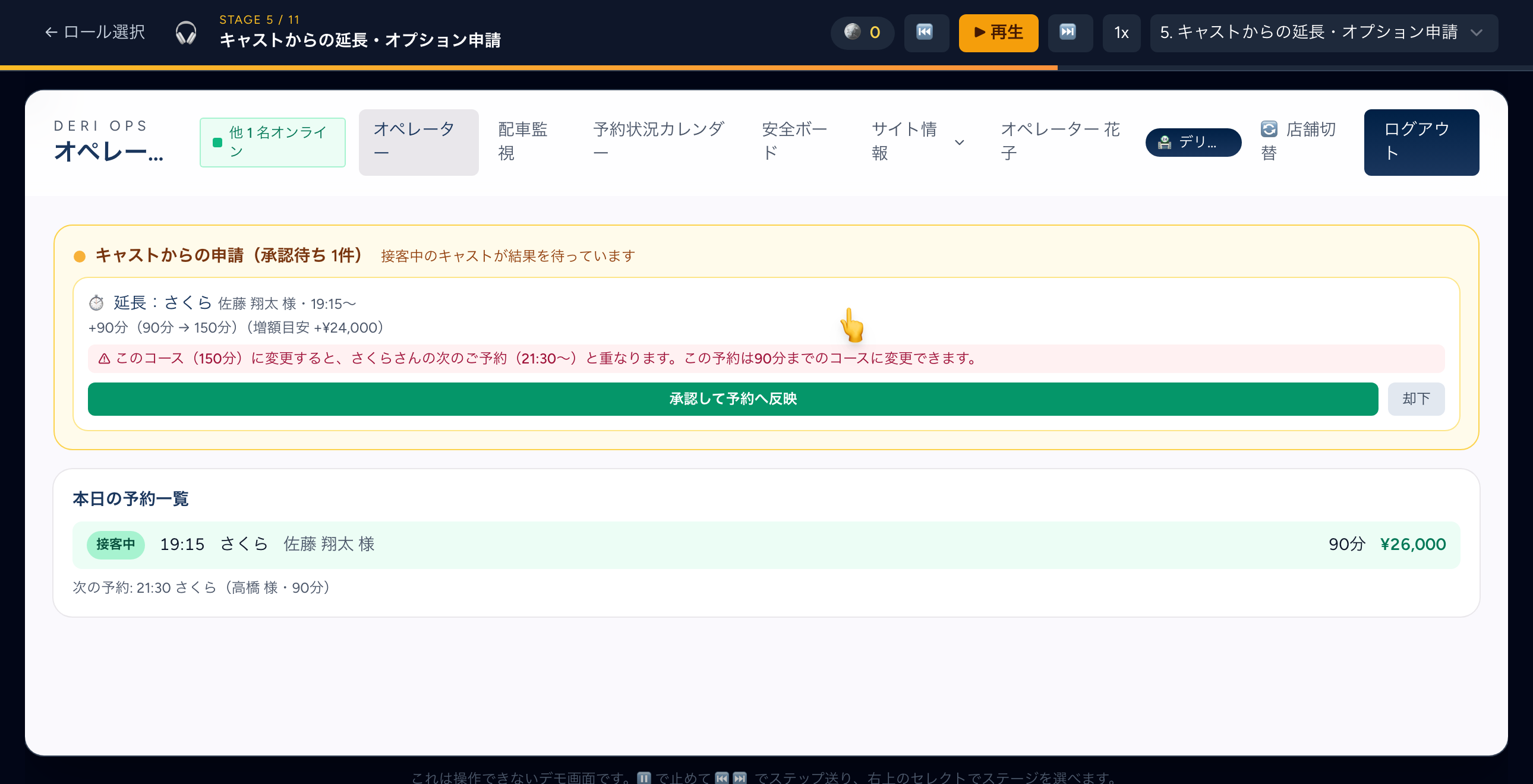 動くマニュアルのオペレーター編「キャストからの延長・オプション申請」。画面最上部の黄色い枠に「キャストからの申請（承認待ち 1件）接客中のキャストが結果を待っています」、カードに「⏱ 延長：さくら 佐藤 翔太 様・19:15〜」「+90分（90分 → 150分）（増額目安 +¥24,000）」、赤い帯で次のご予約（21:30〜）と重なる旨の理由、緑の「承認して予約へ反映」と「却下」のボタン。下に本日の予約一覧の 19:15 さくら 90分 ¥26,000 の行