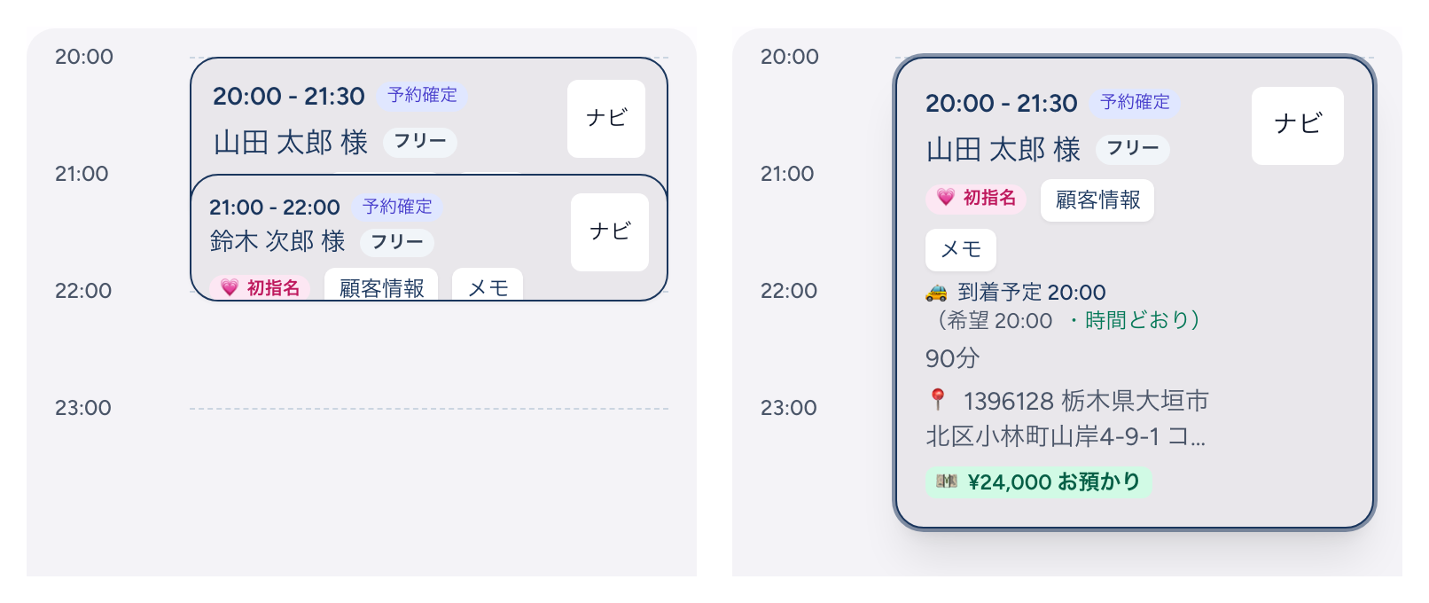 キャスト画面のタイムラインを2枚並べた図。左は20:00〜21:30の予約カードの下半分に21:00〜22:00のカードが重なり、到着予定やお預かり額が隠れている。右は上のカードをタップした後で、20:00〜21:30のカードが枠つきで最前面に広がり、到着予定・90分・行き先・「¥24,000 お預かり」まで読める